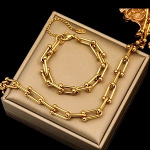 ❤️ Gold Color Hardware Necklace & Bracelet Set 316L Stainless Steel Jewelry ❤️